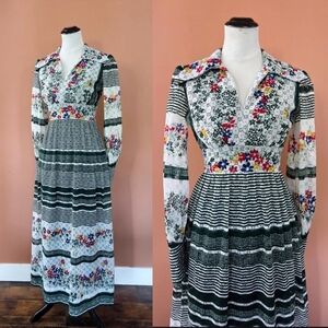 Vintage 1960s Floral Eyelet Maxi Dress / Green & White with Flower Accents